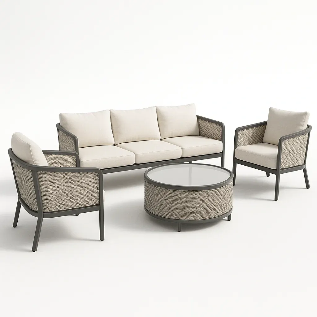 Conjunto de salón para patio de aluminio y ratán beige con tablero de vidrio 4 piezas