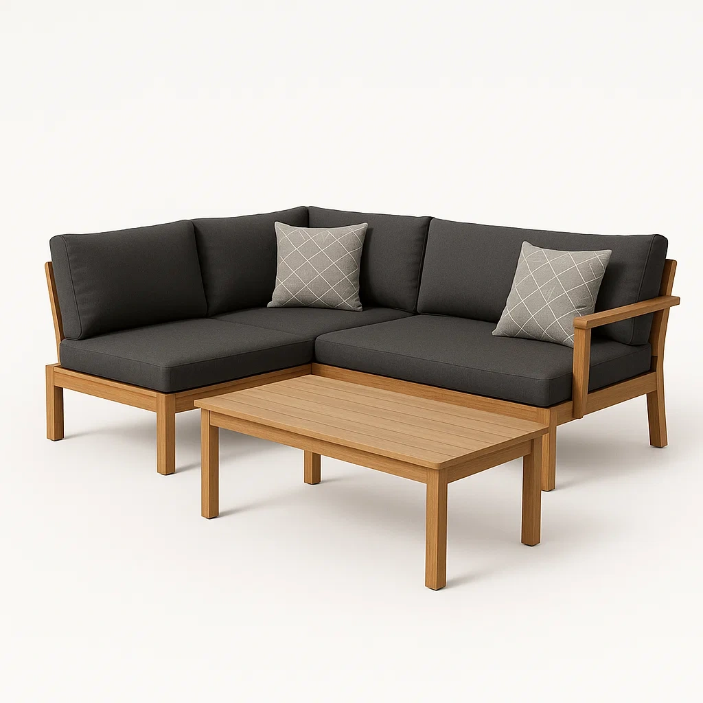 Conjunto de salón para patio esquinero de madera y tela gris oscuro con mesa auxiliar