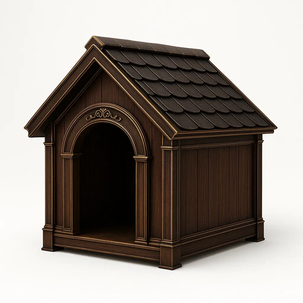 Casa para perro de madera con techo color marrón