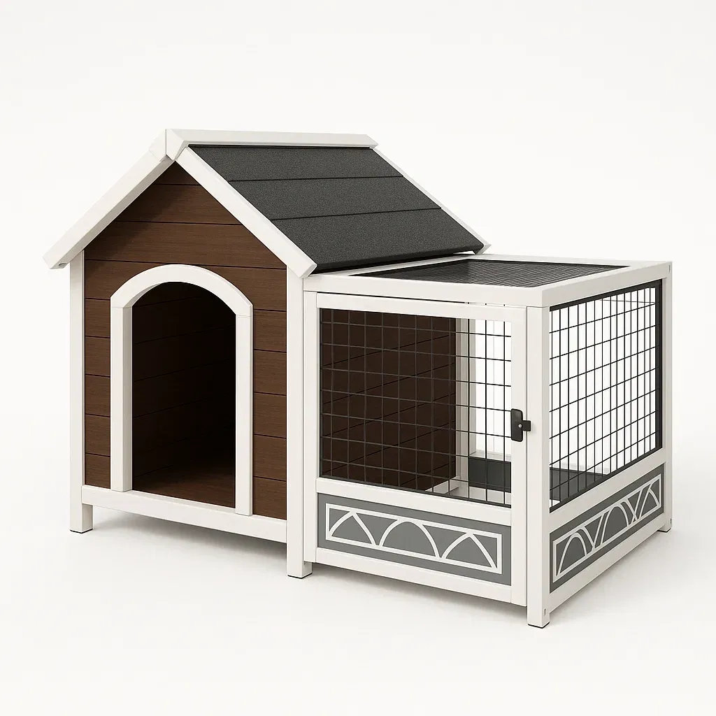 Casa para perro de madera y metal con anexo blanco/marrón