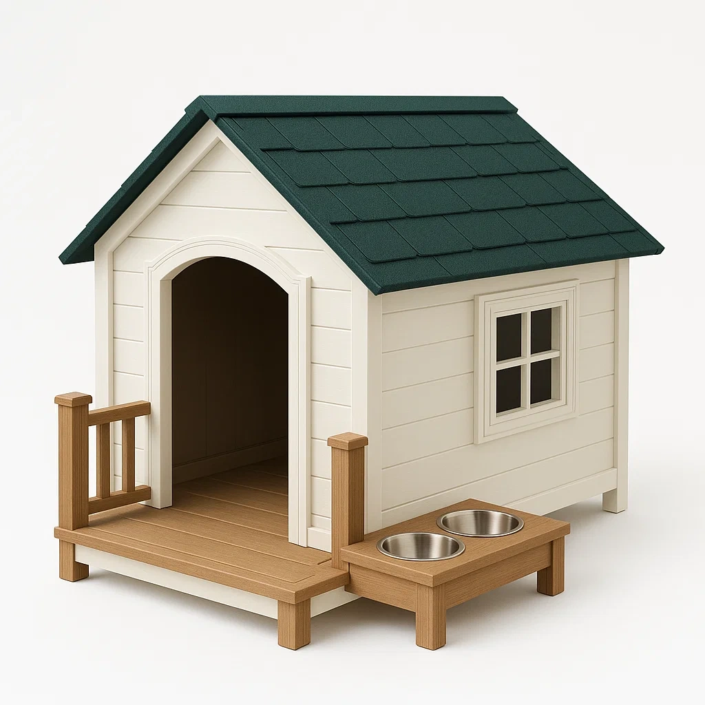 Casa para perro exterior de madera con techo de plástico verde y bebedero de acero inoxidable