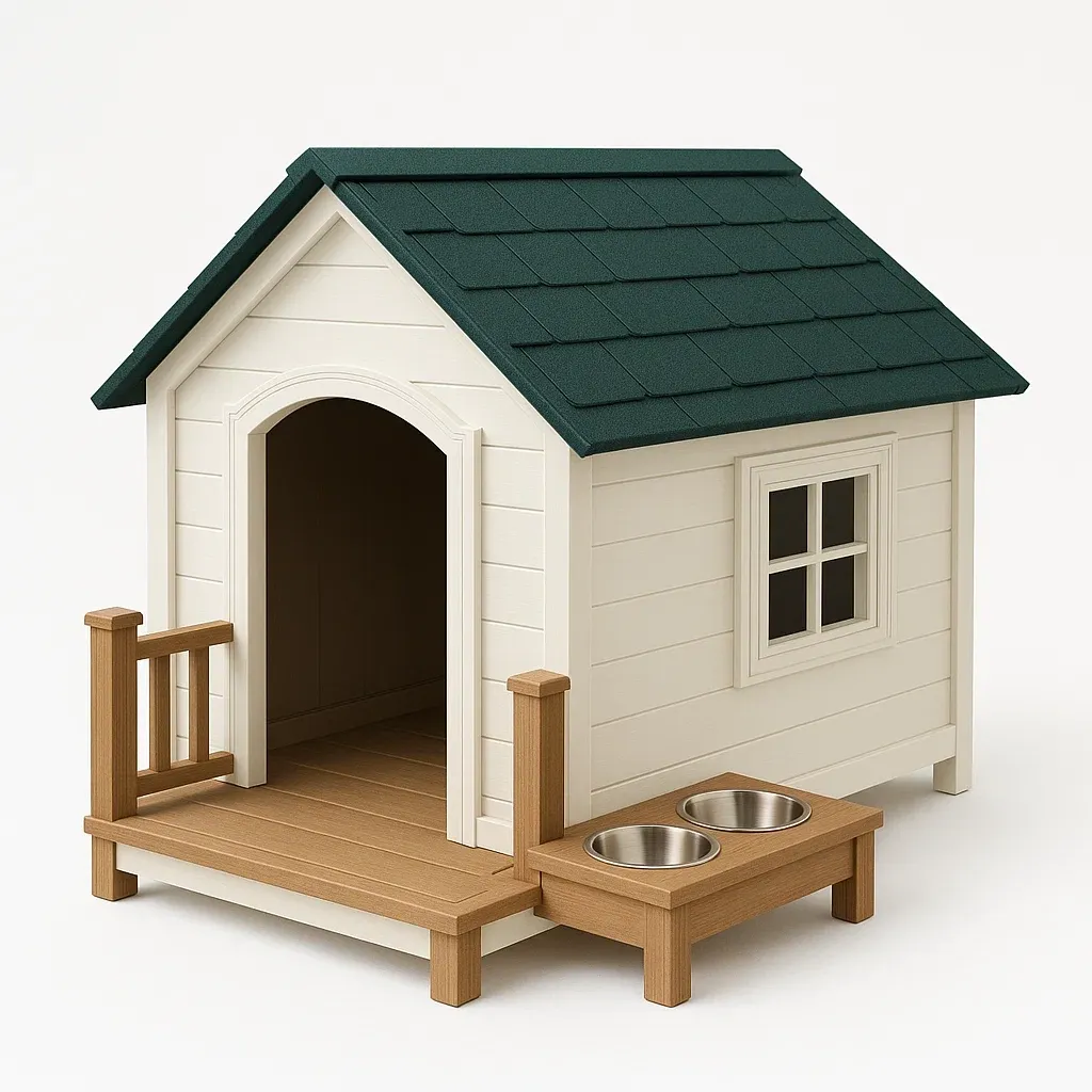 Casa para perro exterior de madera con techo de plástico verde y bebedero de acero inoxidable