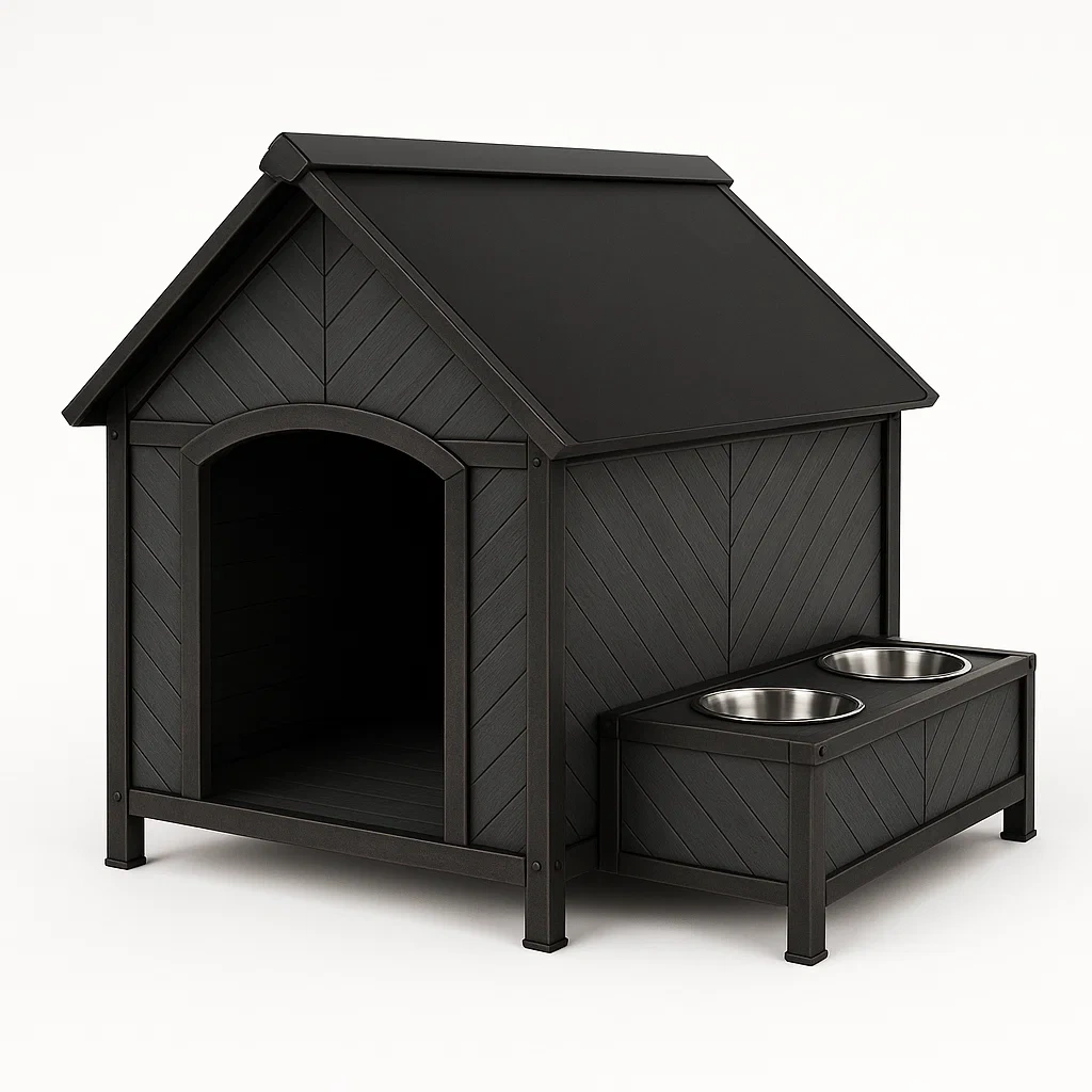 Casa para perro de plástico con comederos integrados color negro