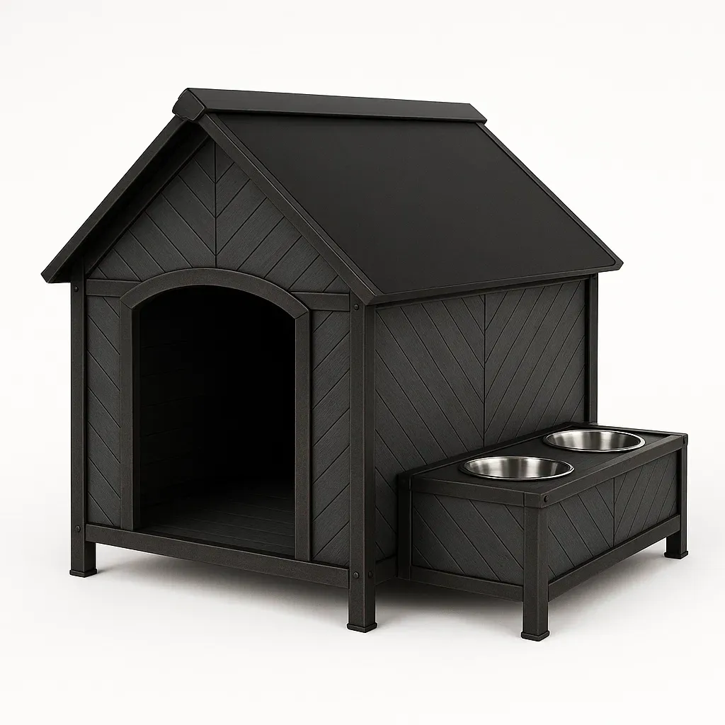 Casa para perro de plástico con comederos integrados color negro