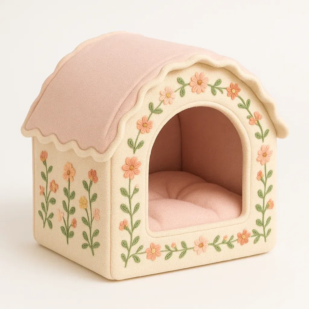 Cama para gato de tela bordada de algodón rosa/beige 40x35x30 cm
