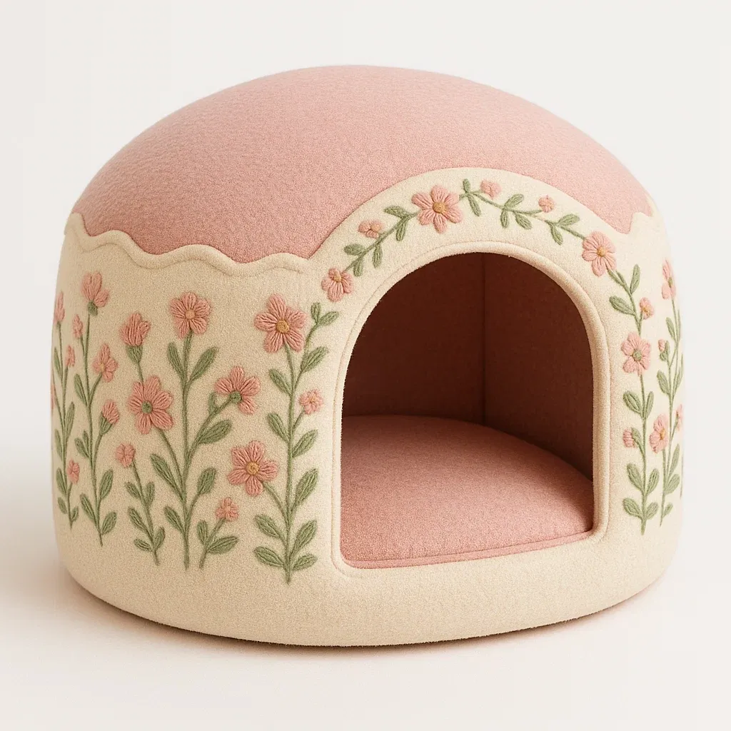 Cama para gato de poliéster con diseño de flores bordadas
