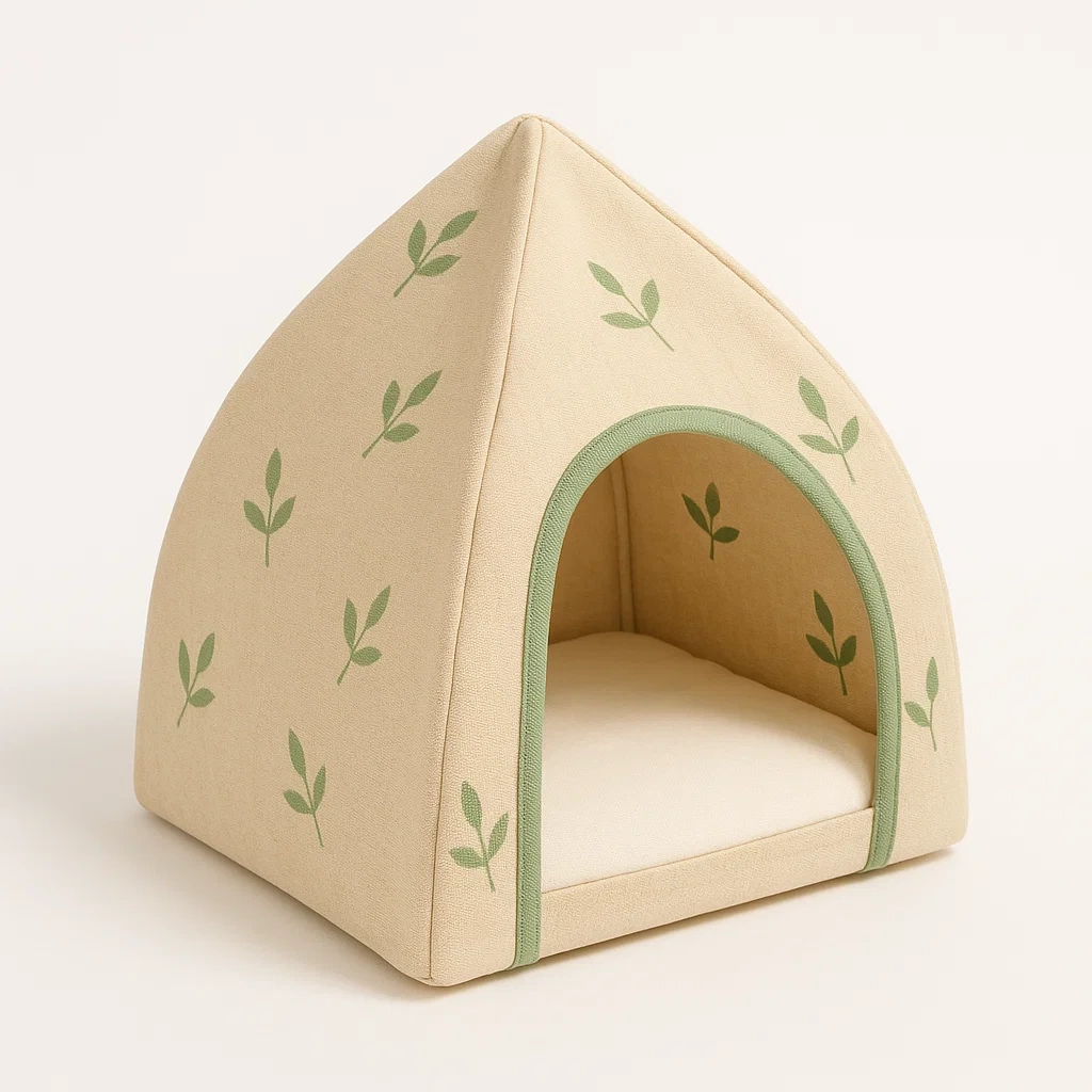 Cama para gato triangular de algodón beige con cojín 40x40x50 cm