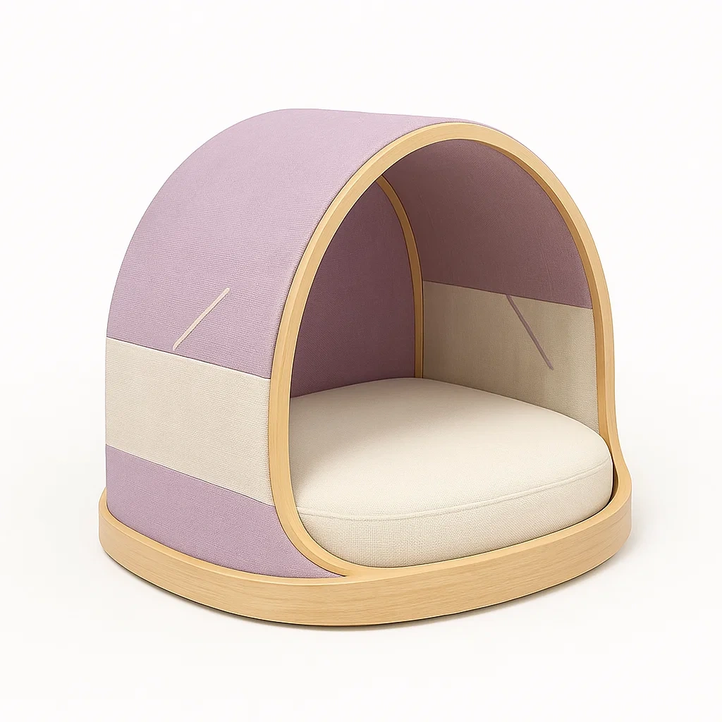 Cama para gato de tela lila/crema y madera