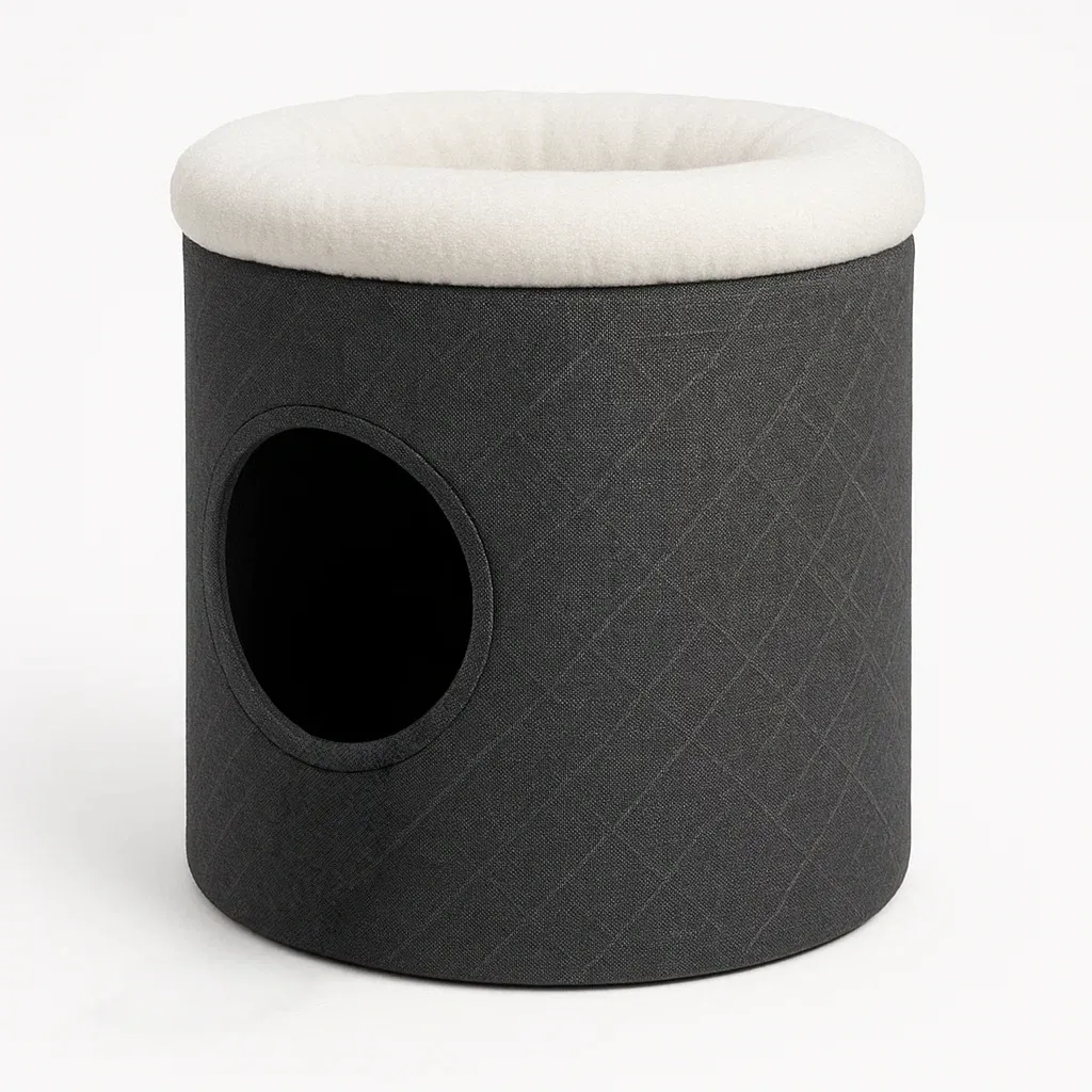 Cama para gato cilíndrica de tela gris y blanco
