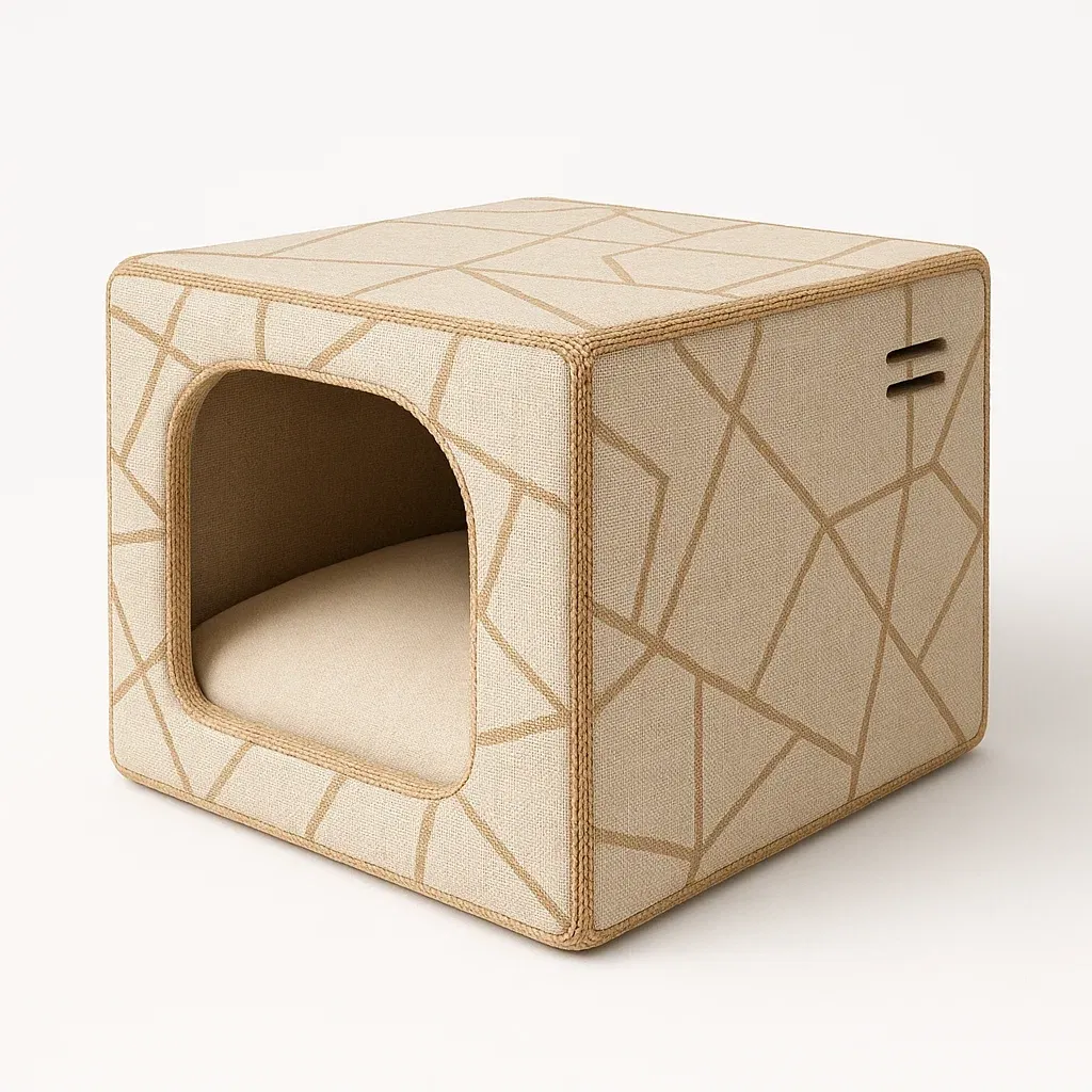 Cama para gato tipo cubo de lino y madera beige 40x40x40 cm
