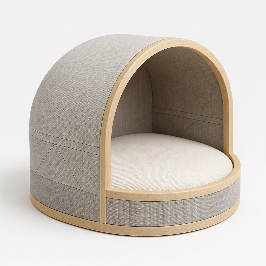 Cama para gato de madera y lino beige