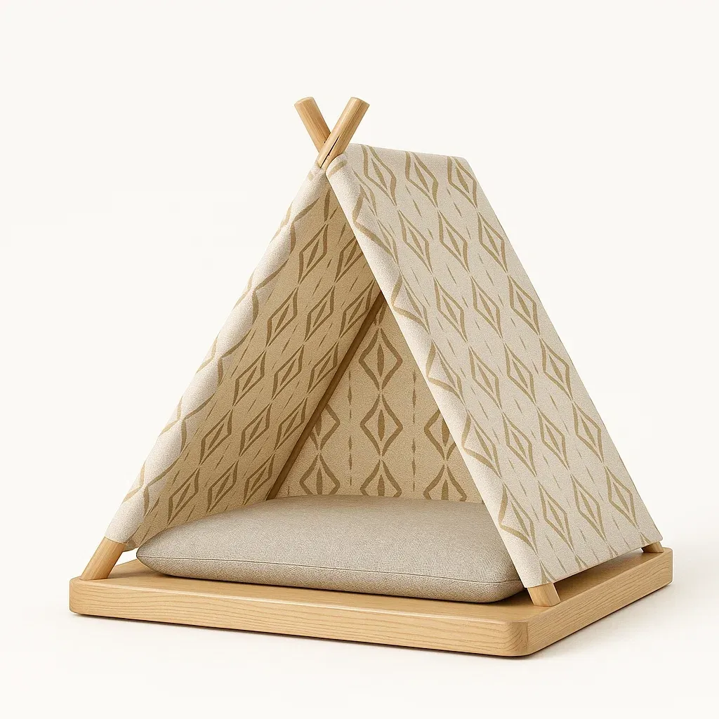 Cama para gato tipo tipi de algodón y madera beige