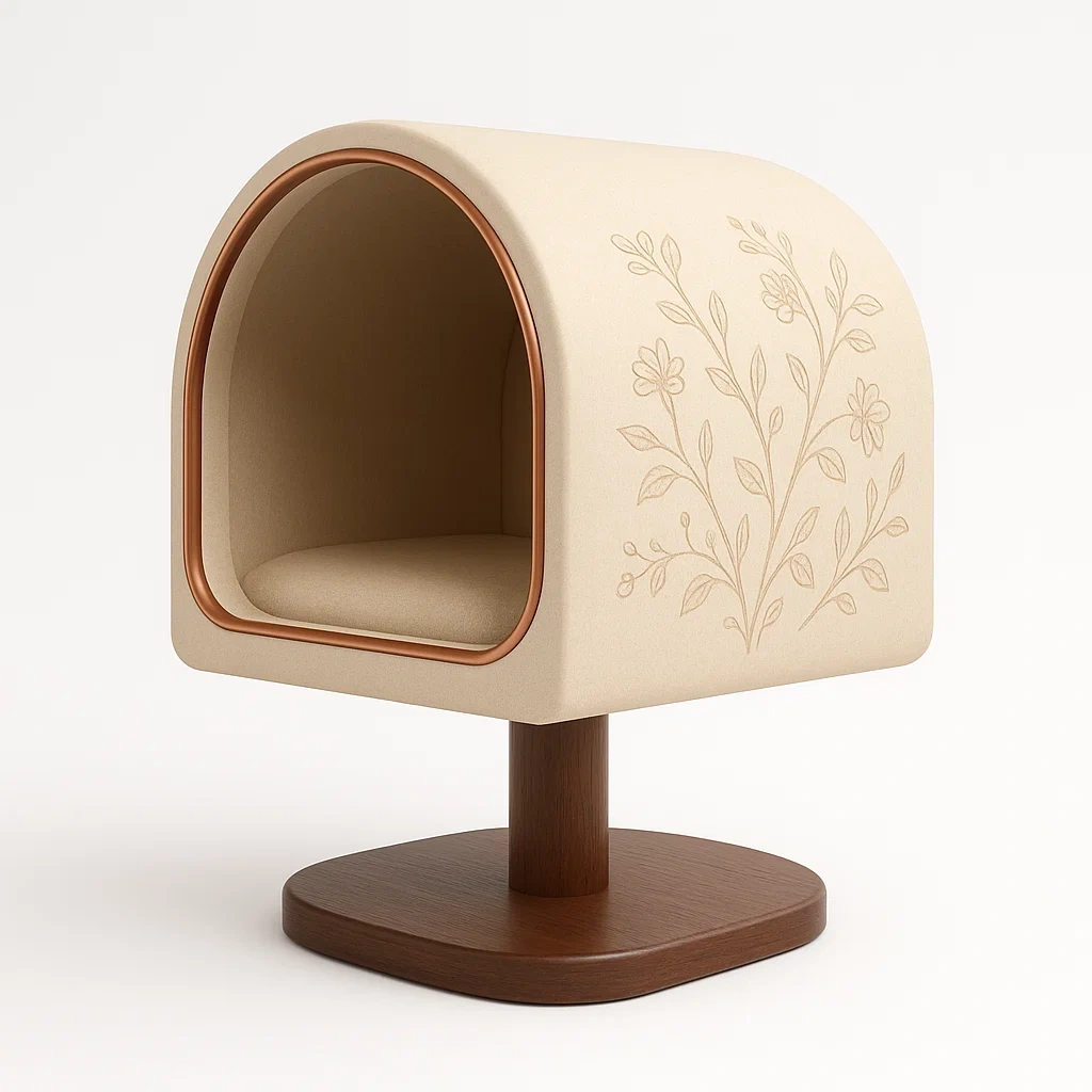 Cama para gato con base de madera y cojín beige