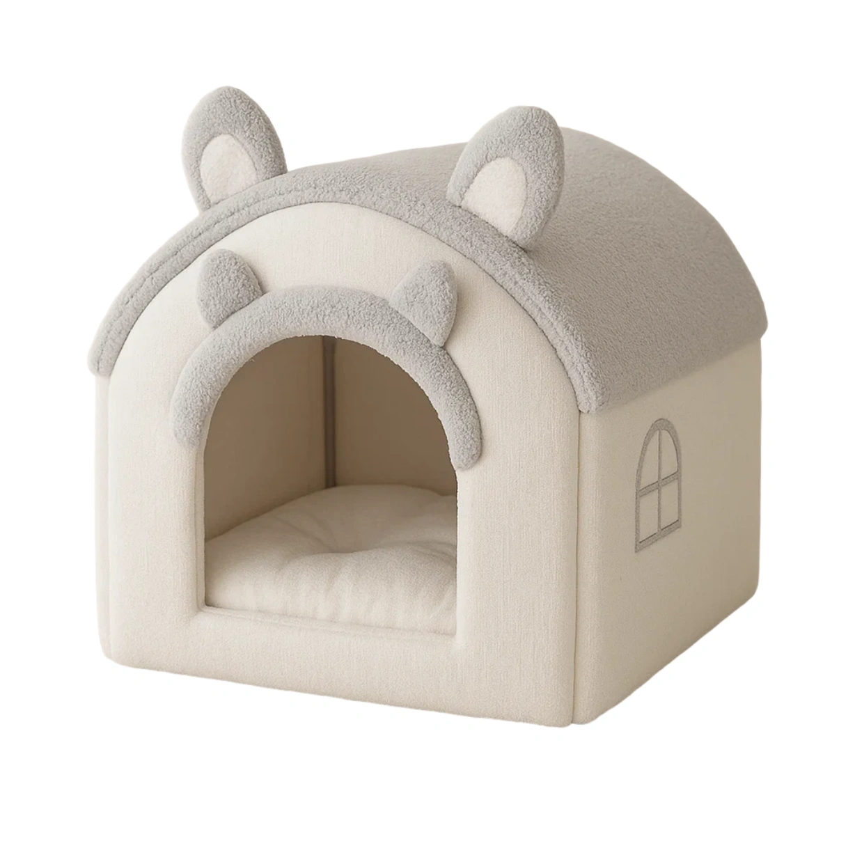 Cama para gato de poliéster beige y gris con orejas de peluche
