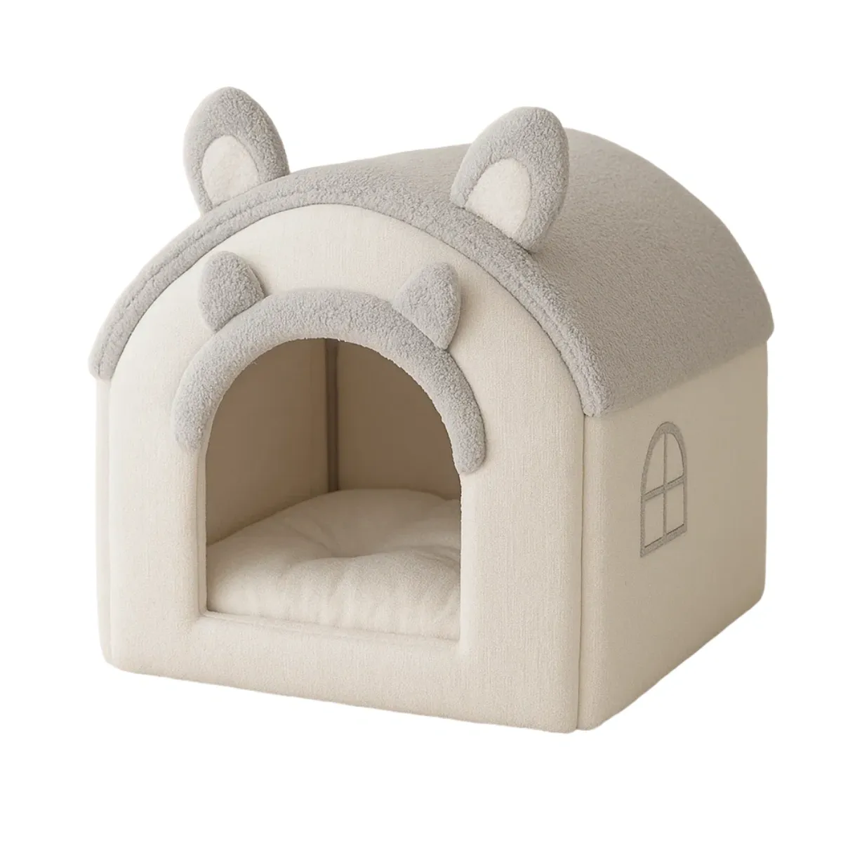 Cama para gato de poliéster beige y gris con orejas de peluche