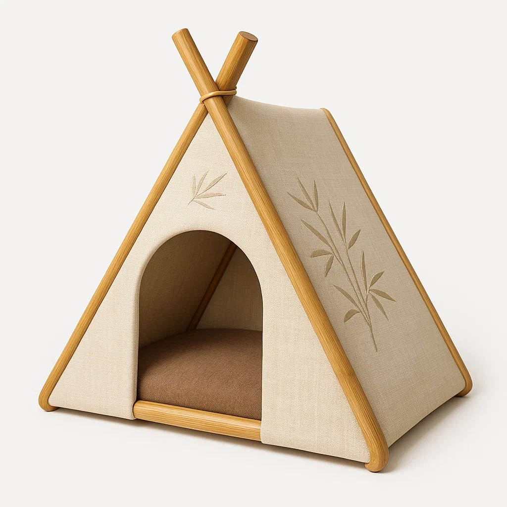 Cama para gato triangular de madera y lona beige