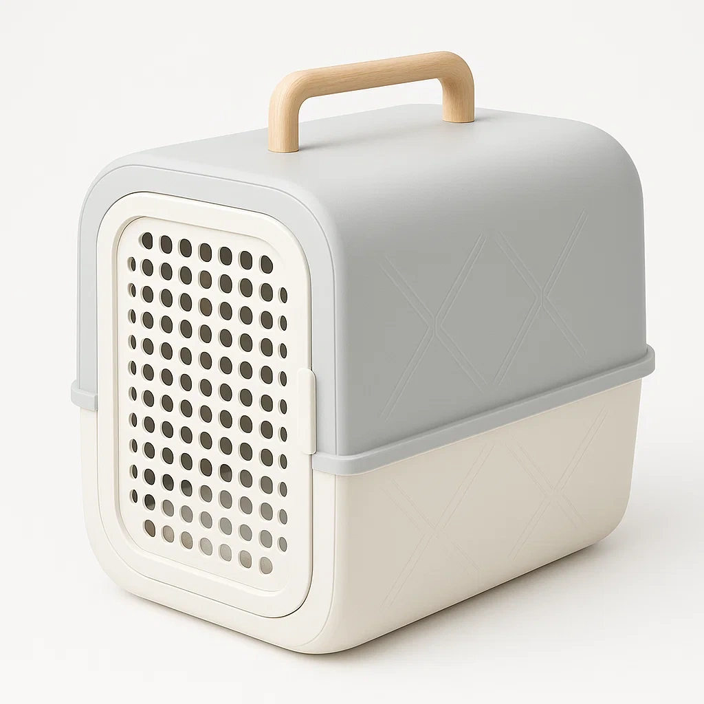 Transportín para gato de plástico con asa de madera gris/cremoso 48x32x32 cm