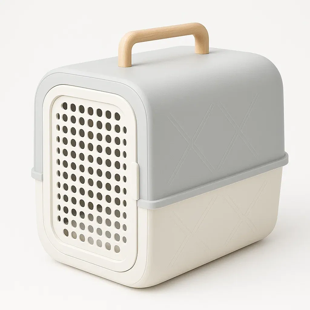 Transportín para gato de plástico con asa de madera gris/cremoso 48x32x32 cm