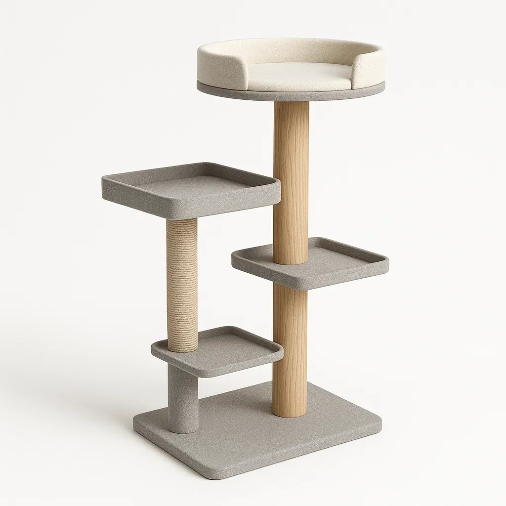 Rascador para gato de madera beige y gris