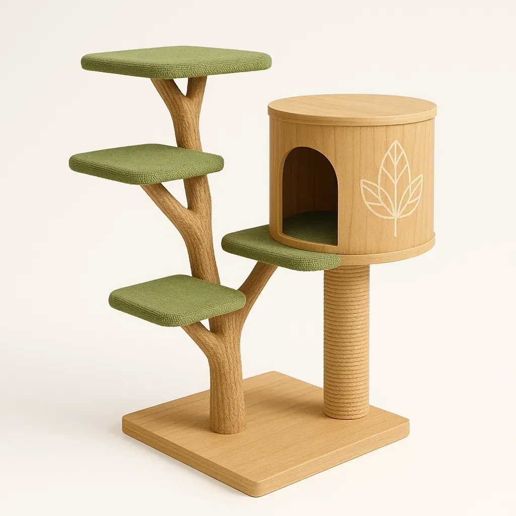 Rascador para gato de madera con plataformas verdes