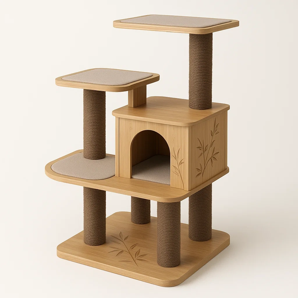 Rascador para gato de bambú con plataformas y casa 56x38x80 cm