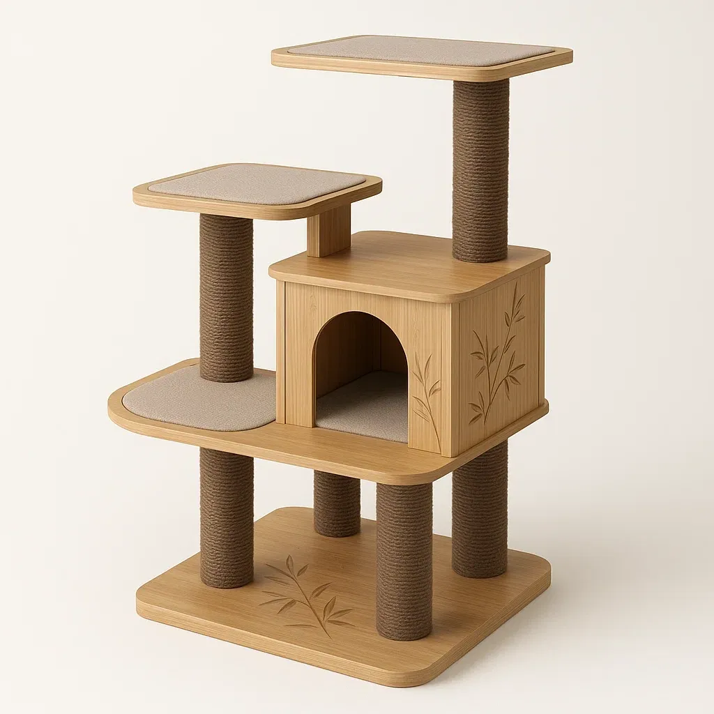 Rascador para gato de bambú con plataformas y casa 56x38x80 cm