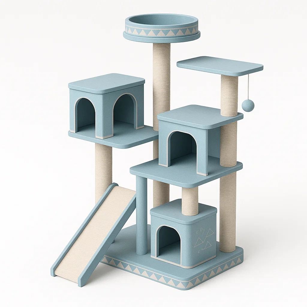 Rascador para gato azul de múltiples niveles con plataformas y cueva