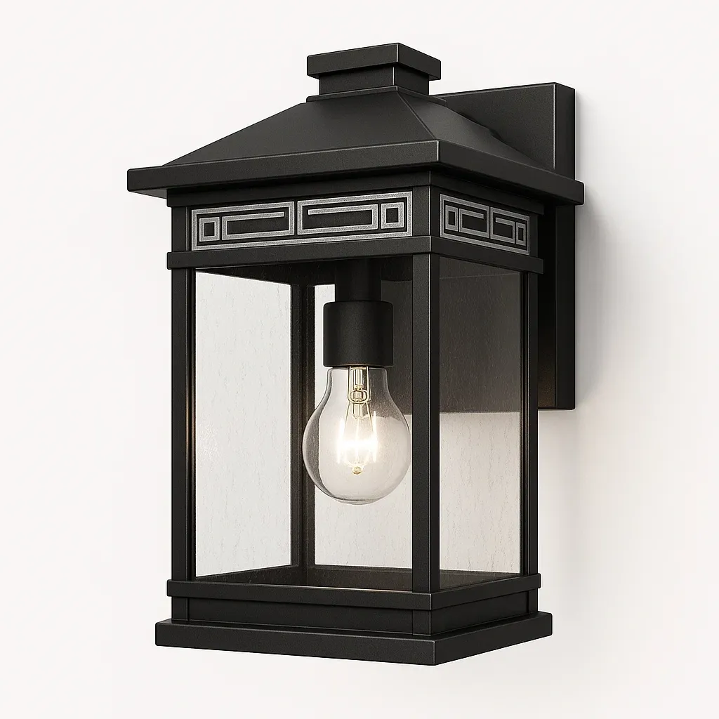 Aplique de pared exterior de metal y vidrio negro
