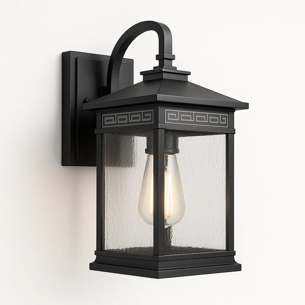 Aplique de pared exterior de metal y vidrio negro