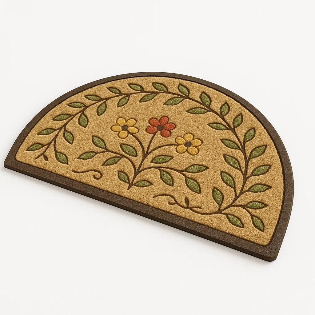 Felpudo exterior semicircular de poliéster beige/marrón con patrón floral