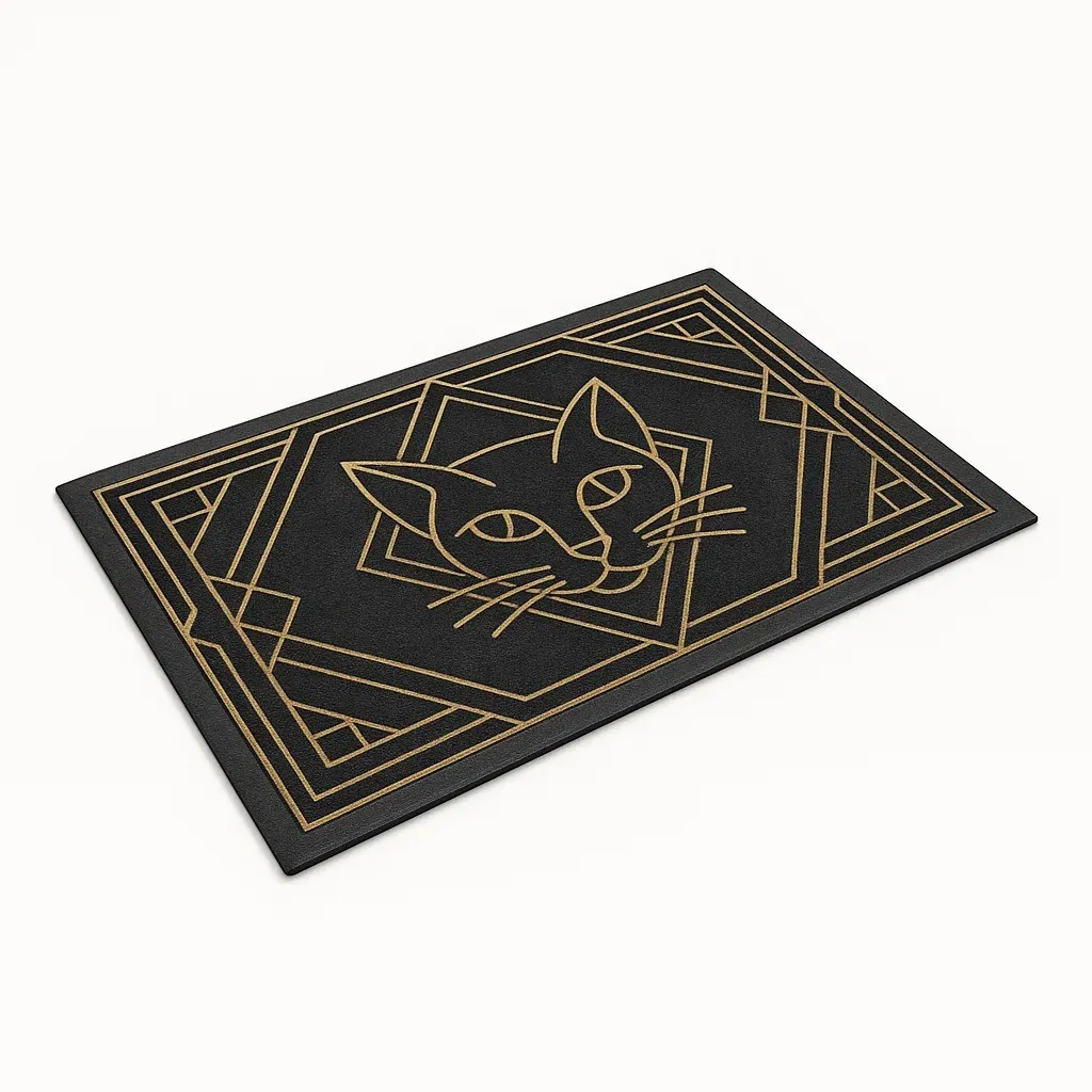 Felpudo exterior antideslizante negro y dorado con diseño geométrico de gato