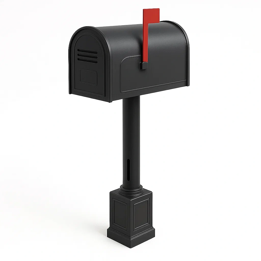 Buzón de correo metálico negro para exterior con poste