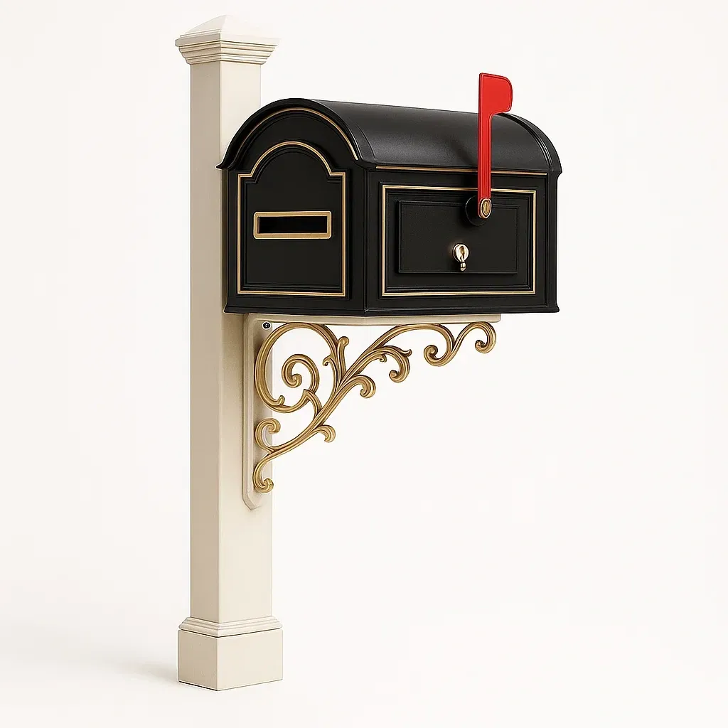 Buzón de correo de metal negro con poste y soporte decorativo