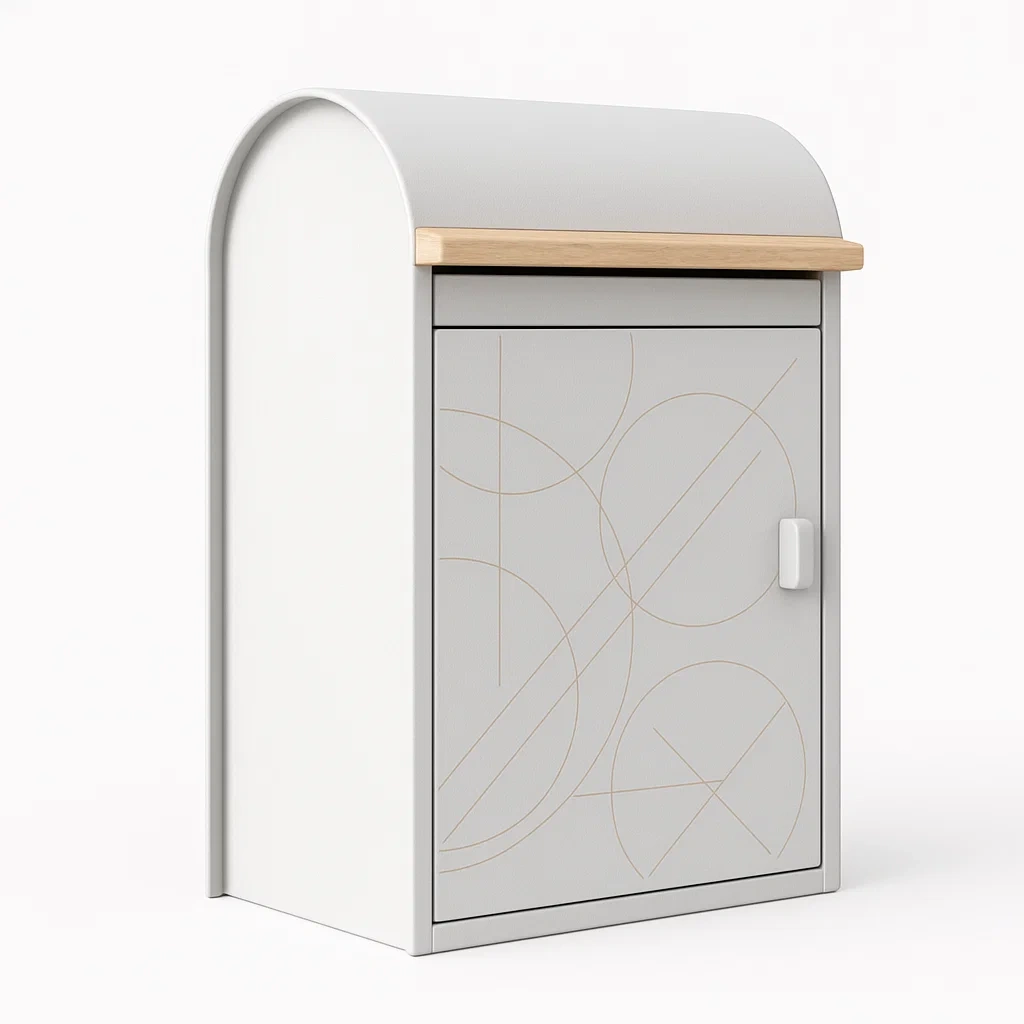 Buzón de correo metálico gris con tapa de roble