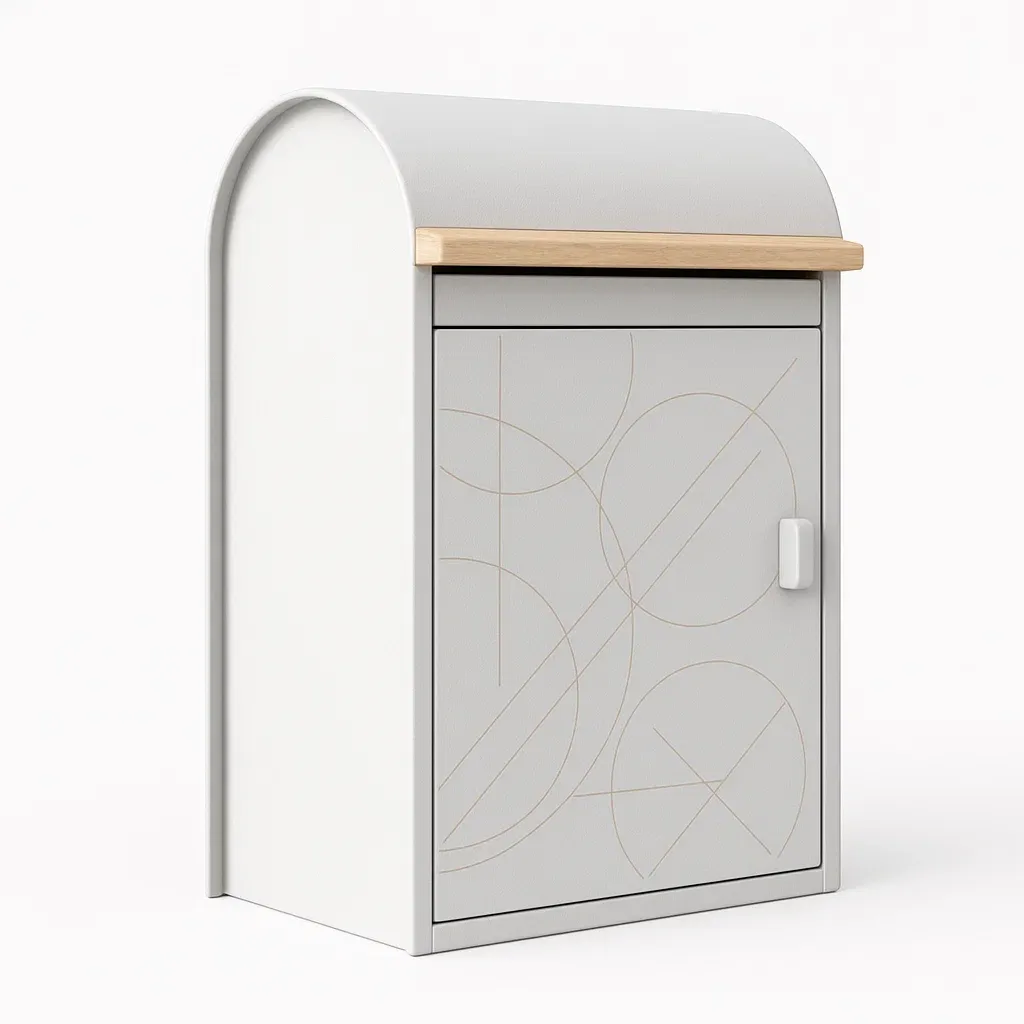 Buzón de correo metálico gris con tapa de roble