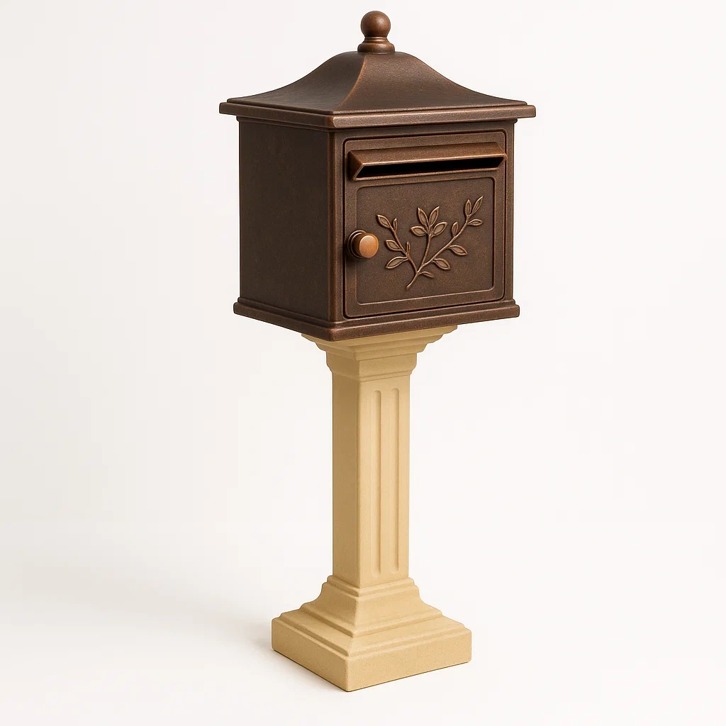 Buzón de correo de metal con poste decorativo color marrón
