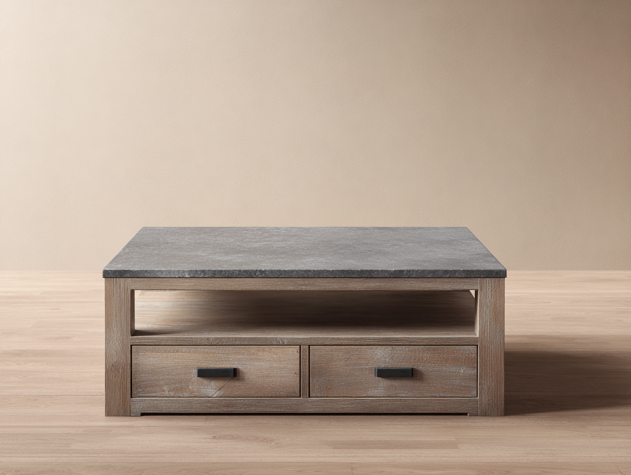 Mesa de centro cuadrada con madera y piedra 90x90x45 cm - gris/madera natural - con cajones de almacenaje
