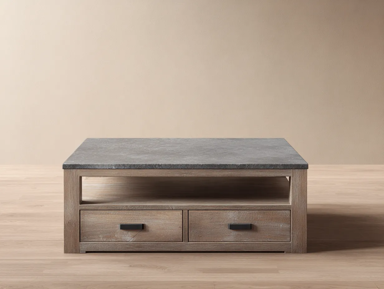 Mesa de centro cuadrada con madera y piedra 90x90x45 cm - gris/madera natural - con cajones de almacenaje