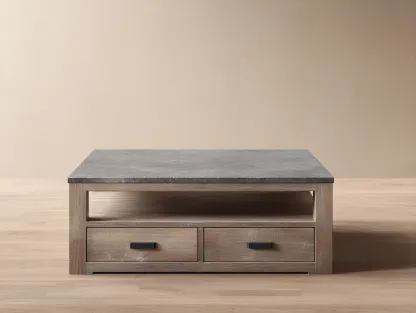 Mesa de centro cuadrada con madera y piedra 90x90x45 cm - gris/madera natural - con cajones de almacenaje
