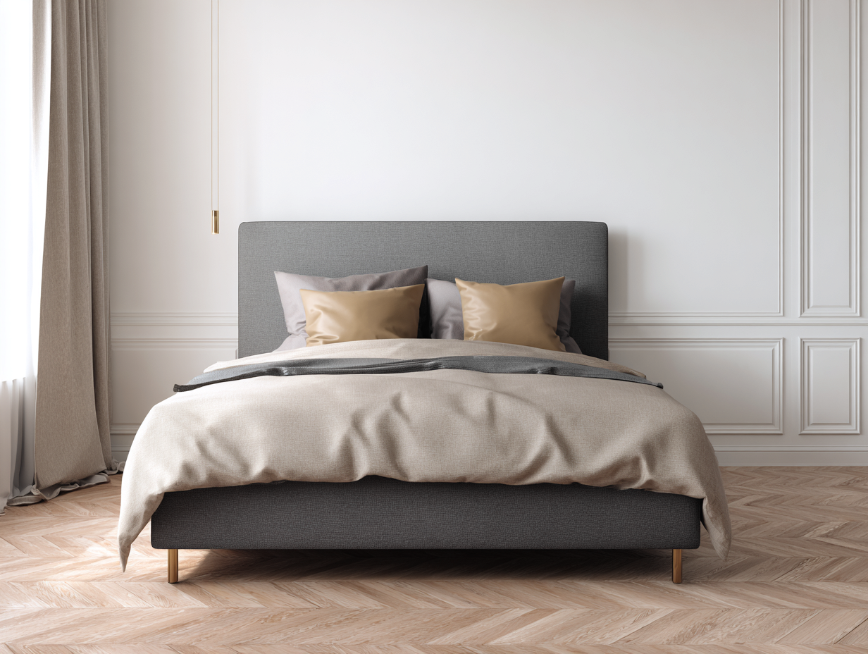 Cama doble tapizada en tela gris 200x160x110 cm - cabecero acolchado - patas metálicas doradas - lista para usar