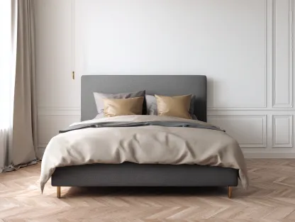 Cama doble tapizada en tela gris 200x160x110 cm - cabecero acolchado - patas metálicas doradas - lista para usar