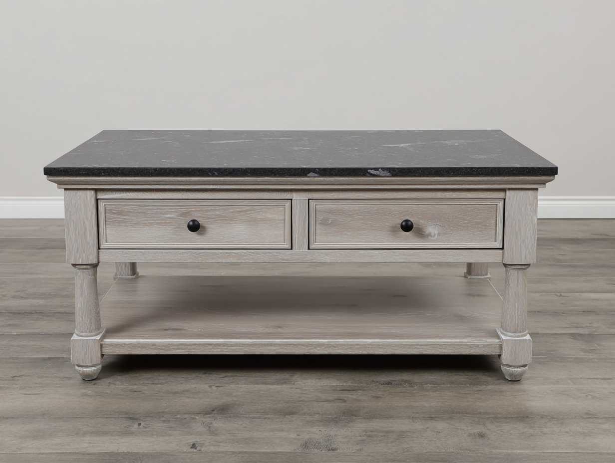 Mesa de centro rectangular de madera clara y mármol negro 115x65x46 cm - con cajones y estante - estilo clásico