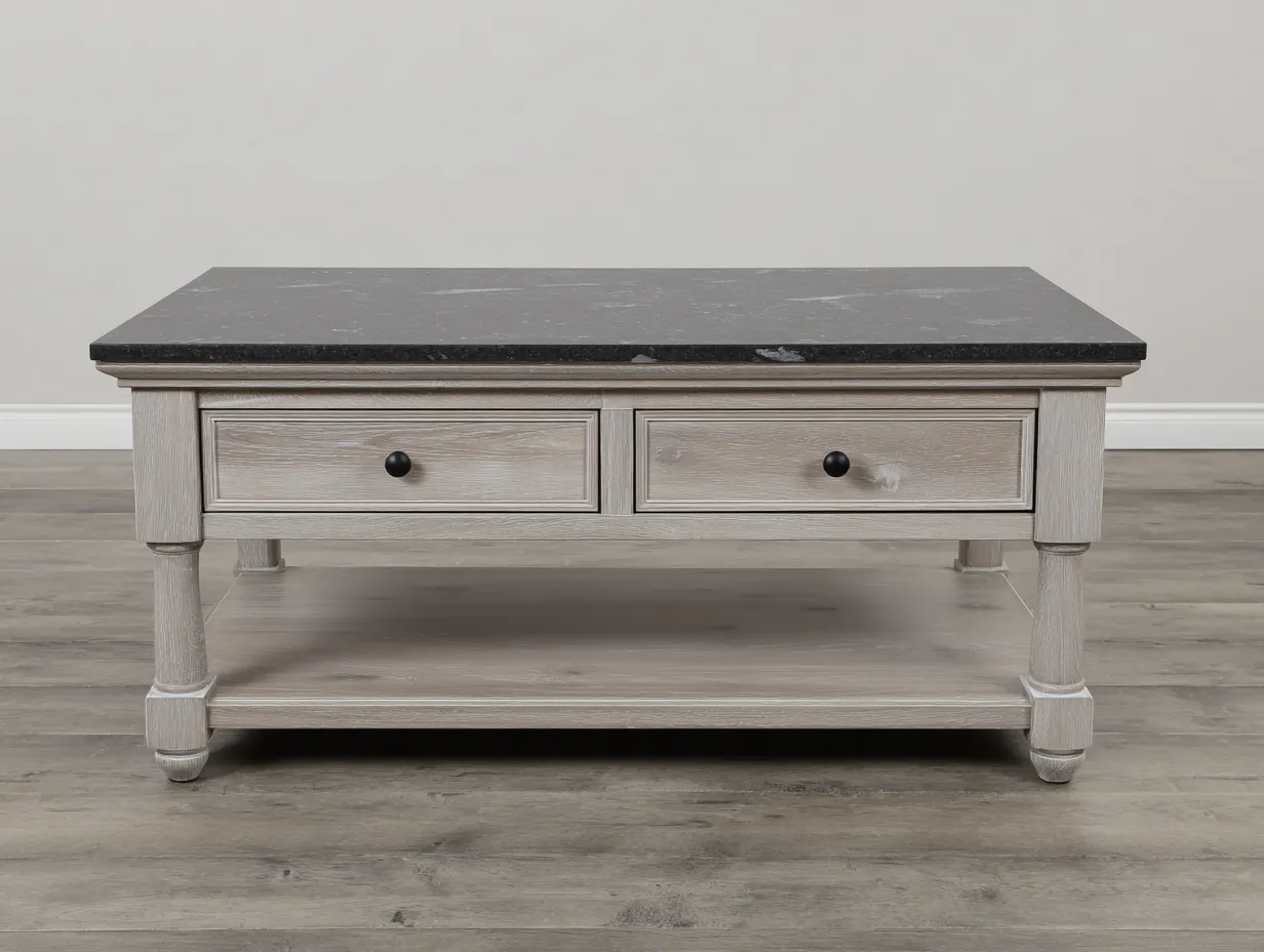 Mesa de centro rectangular de madera clara y mármol negro 115x65x46 cm - con cajones y estante - estilo clásico