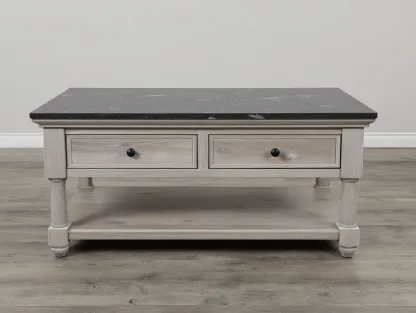 Mesa de centro rectangular de madera clara y mármol negro 115x65x46 cm - con cajones y estante - estilo clásico