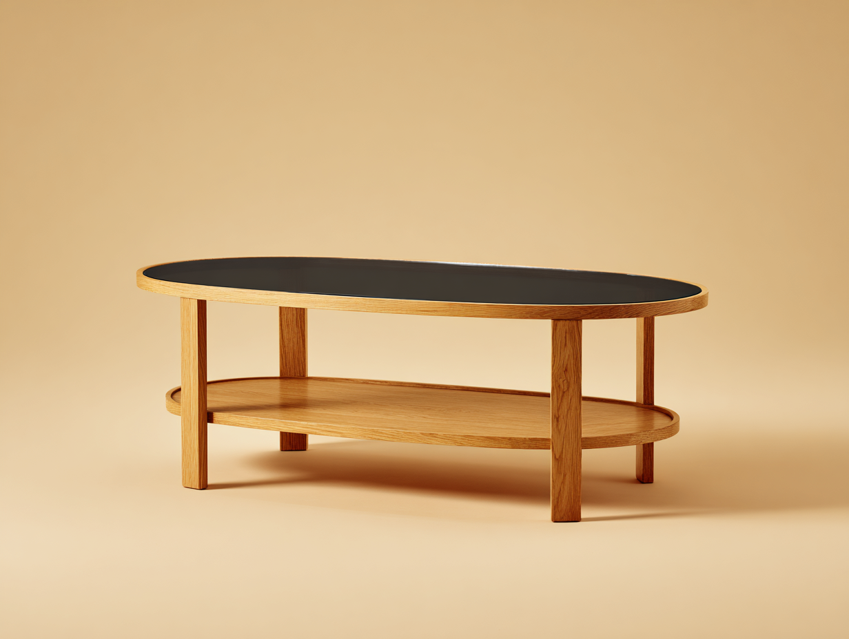Mesa de centro ovalada de roble y vidrio 125x65x45 cm - negro/roble natural - con estante - estilo moderno