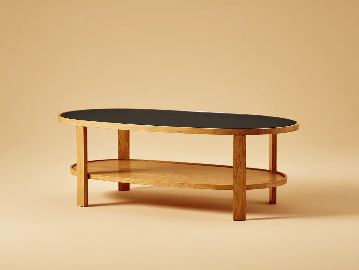 Mesa de centro ovalada de roble y vidrio 125x65x45 cm - negro/roble natural - con estante - estilo moderno