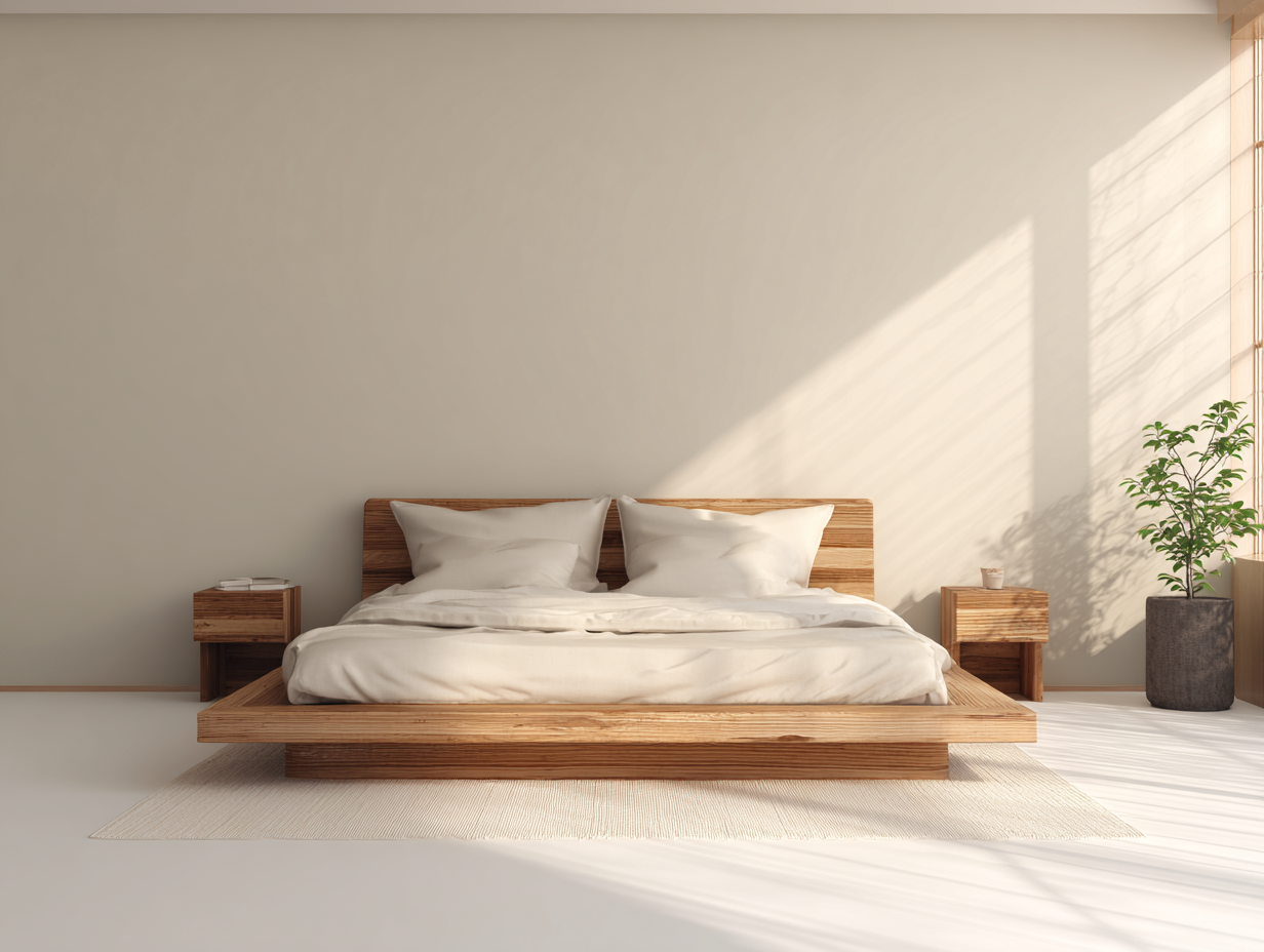 Cama doble de madera maciza 200x180x95 cm - nogal natural - estilo minimalista japonés