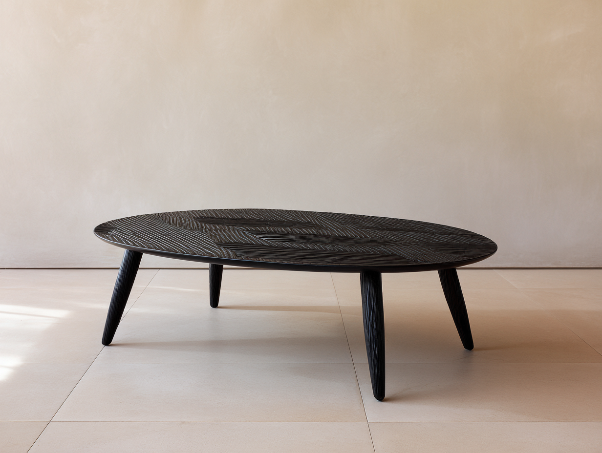 Mesa de centro ovalada de madera 115x70x38 cm - negro - diseño artesanal con superficie texturizada