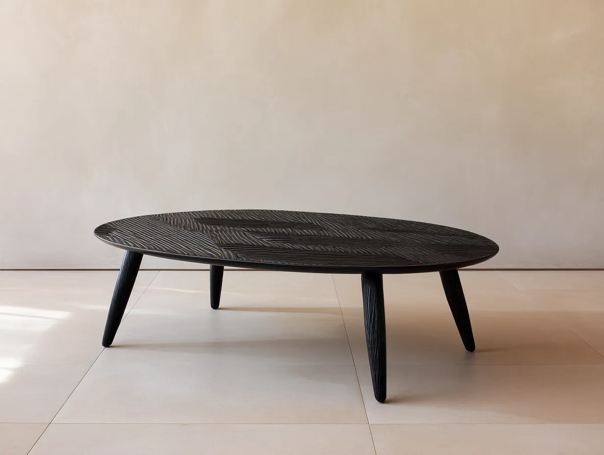 Mesa de centro ovalada de madera 115x70x38 cm - negro - diseño artesanal con superficie texturizada