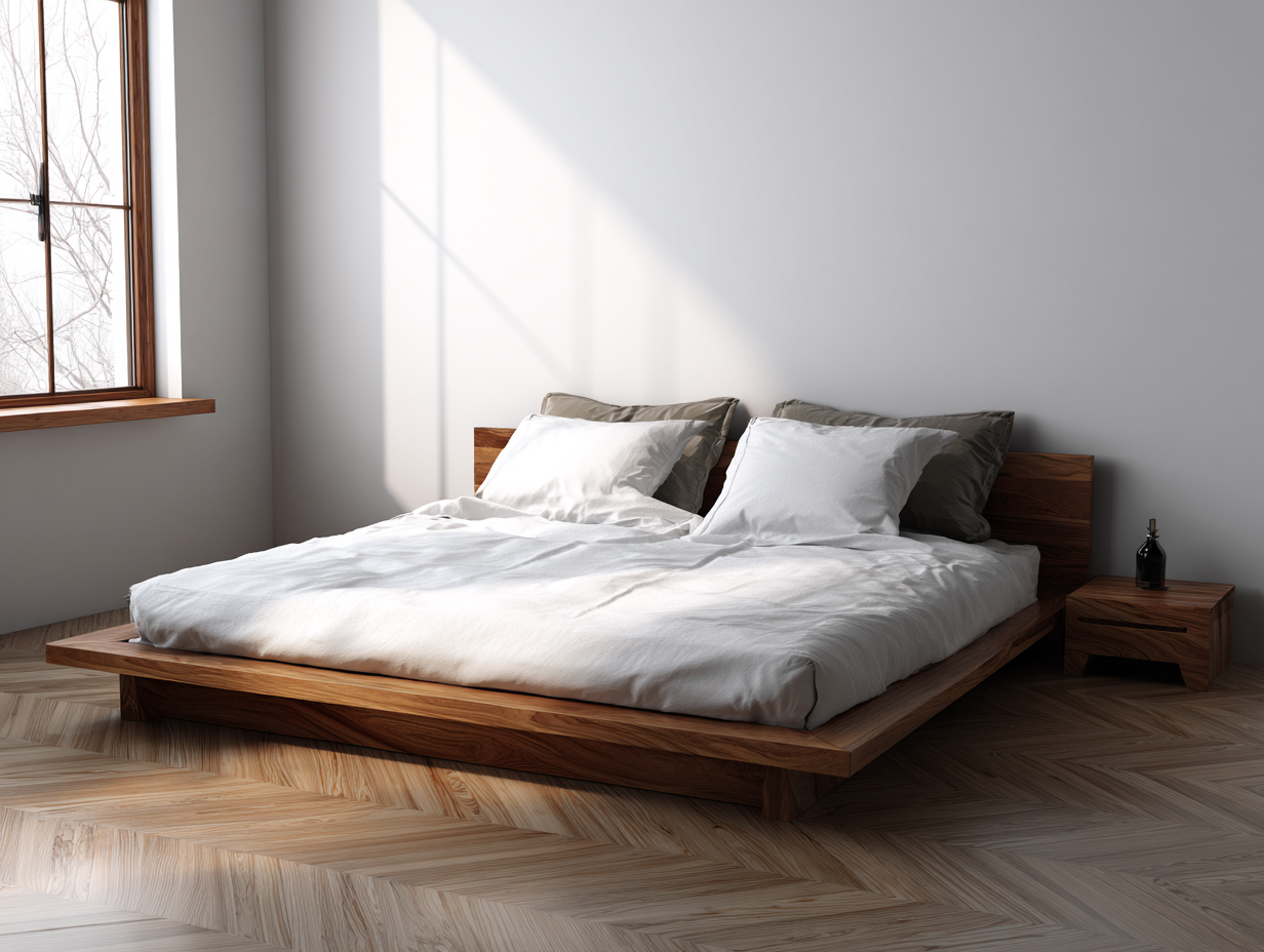 Cama doble de madera maciza 200x180x90cm - nogal natural - diseño minimalista moderno